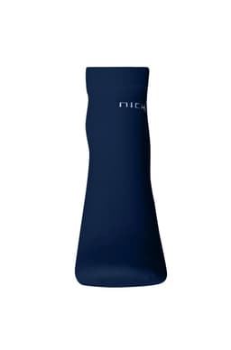 A pair of navy blue organic sneaker socks with a logo on the side.