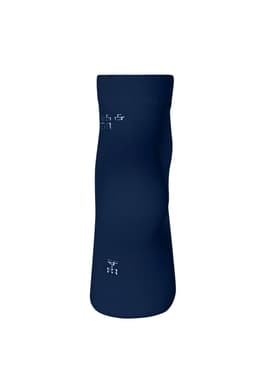 A pair of organic sneaker socks in dark navy, featuring a logo on the side.