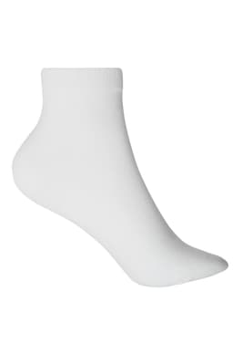 A pair of white sneaker socks with a ribbed cuff and a smooth finish, featuring a logo.