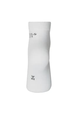White organic sneaker socks with a ribbed cuff, featuring a logo on the side.