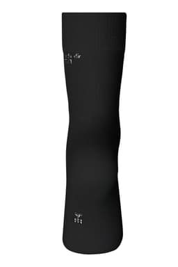 A pair of black organic socks with a smooth texture and a simple design. The product has a logo.