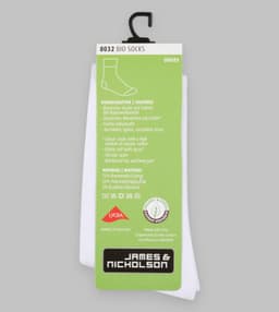 Organic white socks displayed with a green tag featuring a logo and product information.