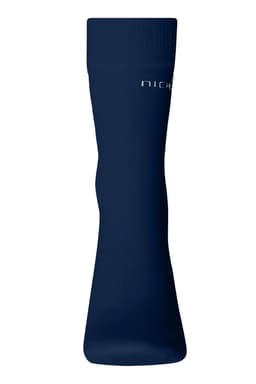 A pair of dark navy organic socks, featuring a logo on the side.
