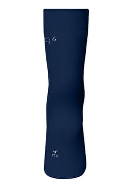 A pair of navy organic socks, featuring a snug fit and a simple design, with branding visible.