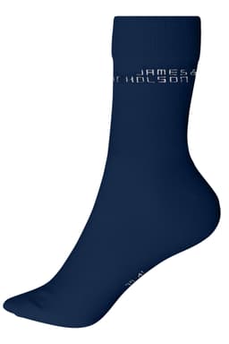 A pair of navy blue organic socks with a logo on the side.