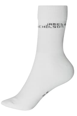 A pair of white organic socks featuring a logo on the side.