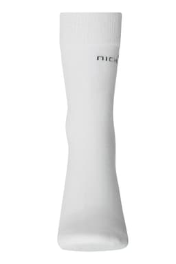 White organic socks with a logo on the side, featuring a knee-high design.