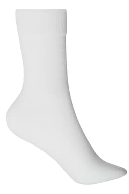 A pair of organic socks in white, featuring a ribbed cuff and a smooth finish, with a small logo.