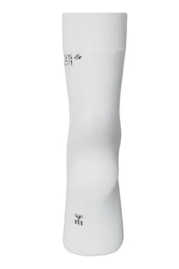 A pair of white organic socks with a soft, stretchy fabric and a branding logo.