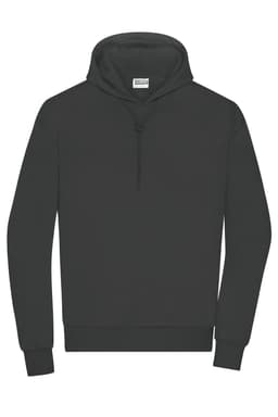 A dark grey men's lounge hoodie featuring a front pocket and a drawstring hood. It has branding on the label.