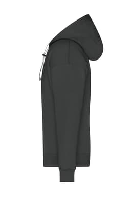 A men's lounge hoodie in dark grey with a hood and fitted cuffs, featuring a logo on the front.