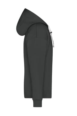 A dark grey men's lounge hoodie with a side view showing the hood and sleeve details. It features a logo.