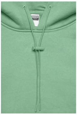 A green men's lounge hoodie featuring a drawstring and a hood. It has a branded label inside.