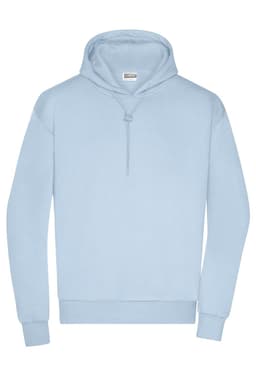 A light blue men's lounge hoodie featuring a kangaroo pocket and a hood. It includes a small logo.