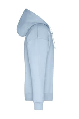 A light blue men's lounge hoodie with a hood and long sleeves, featuring a branding logo.