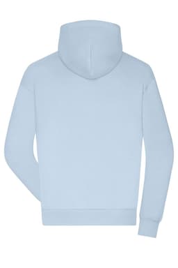 A light blue men's lounge hoodie with a kangaroo pocket and a hood, featuring a logo on the back.