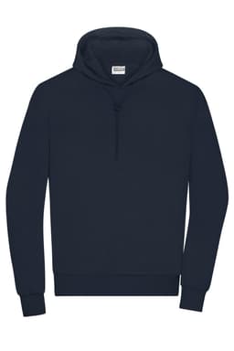 A dark navy men's lounge hoodie featuring a front pocket and a drawstring hood. It has a logo on the fabric.