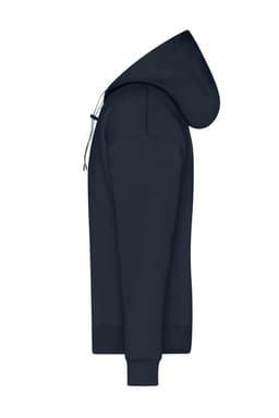 A navy men's lounge hoodie with a hood and fitted cuffs, featuring a branding logo.