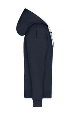 A navy blue men's lounge hoodie with a drawstring hood and ribbed cuffs. It has a logo on one side.