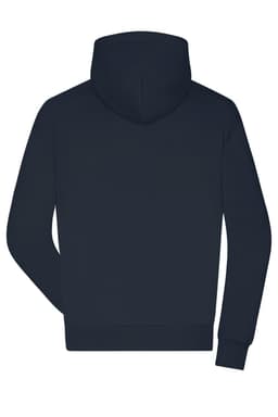 A navy blue men's lounge hoodie featuring a hood and long sleeves, with a logo on the back.