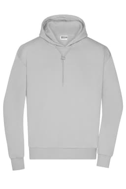 A light grey men's lounge hoodie with a drawstring hood and long sleeves, featuring a logo on the front.