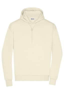 A men's lounge hoodie in a light cream colour with a drawstring hood and a front pocket. Features branding.