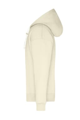 A cream-coloured men's lounge hoodie with a front pocket and drawstring hood, featuring a logo.