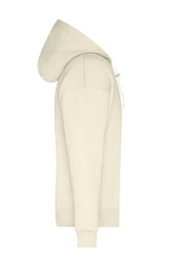 A beige men's lounge hoodie with a drawstring hood and a branding logo on the front.