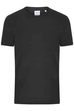 A black men's T-shirt with a ribbed crew neckline, featuring a label and a simple design.