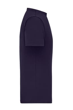 A plain navy men's T-shirt with short sleeves and a ribbed collar, featuring a logo on the side.