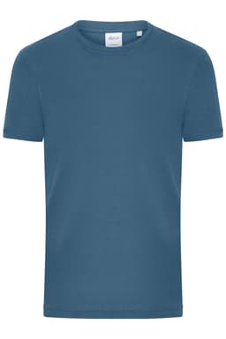 A men's T-shirt in a slate blue colour, featuring a round neck and short sleeves, with a brand logo at the neck.