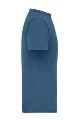 A blue men's T-shirt with short sleeves and a ribbed collar, featuring a logo on the side.