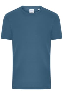 A men's T-shirt in a deep blue colour with a crew neck and short sleeves. It has a logo on the label.