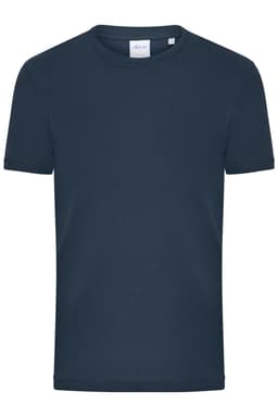 A navy blue men's T-shirt with a round neck and short sleeves, featuring a brand logo on the label.