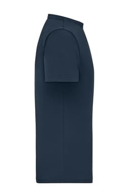 A navy men's T-shirt with short sleeves and a ribbed collar, featuring a logo on the side.