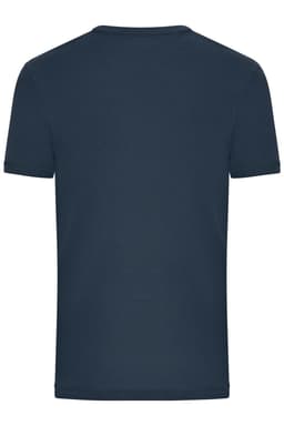 A navy blue men's T-shirt with a ribbed neckline and short sleeves, featuring a logo on the back.