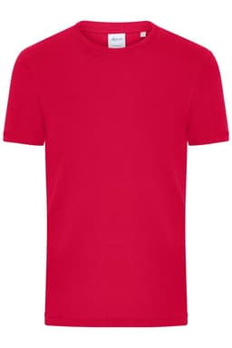 A red men's T-shirt with a classic crew neck and short sleeves, featuring a logo on the label.