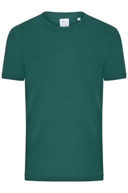 A green men's T-shirt with a crew neckline and short sleeves, featuring a logo on the label.