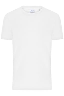 A white men's T-shirt with a round neck and short sleeves, featuring a branding logo.