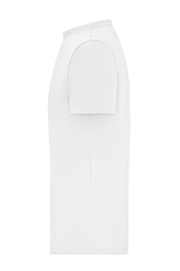 A white men's T-shirt with short sleeves, featuring a ribbed design and a visible logo.