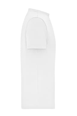A white men's T-shirt with short sleeves and a ribbed neckline, featuring a logo on the front.