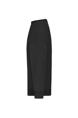 An oversized black jumper with long sleeves, featuring a simple design and a logo on the side.