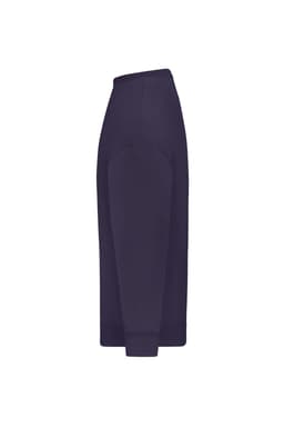 A side view of an oversized, dark purple jumper with a simple design and a logo.