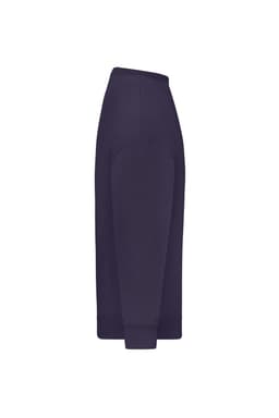 An oversized jumper in dark purple, featuring long sleeves and a ribbed cuff. It has a simple design with a logo.