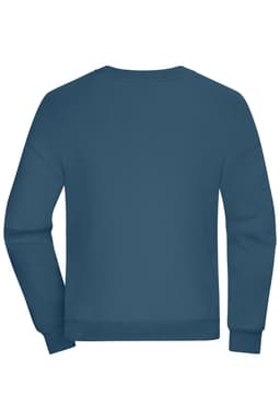 An oversized jumper in a deep blue colour with long sleeves and a crew neckline. It has a logo on the garment.
