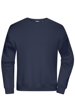 An oversized navy sweatshirt with a classic crew neck and long sleeves, featuring a logo.