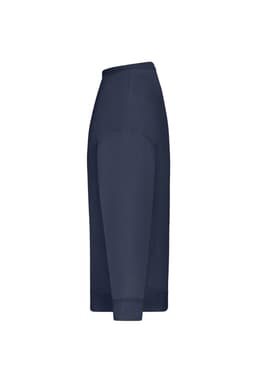 An oversized navy sweat jumper features a sleek, ribbed hem and sleeves, with a side profile view.