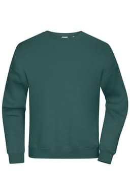 An oversized jumper in a deep green colour, featuring a crew neck and long sleeves. It has a visible logo.