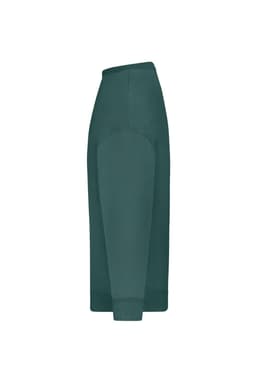 An oversized green jumper displayed from the side, featuring a smooth fabric and ribbed cuffs. It has a logo.