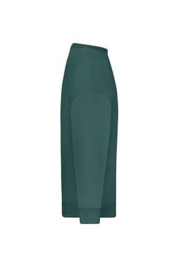 An oversized green sweatshirt featuring a simple design and a plain texture. It has a branding logo on one side.
